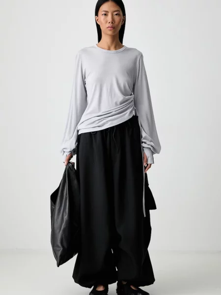 Tricou Wool Cinched Drape Long Sleeve Long-Sleeve Top Lgh Solid Grey M gri