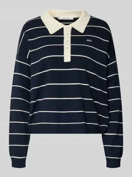Sweter z dzianiny z kołnierzykiem polo model ‘taige’ Gestuz granatowy