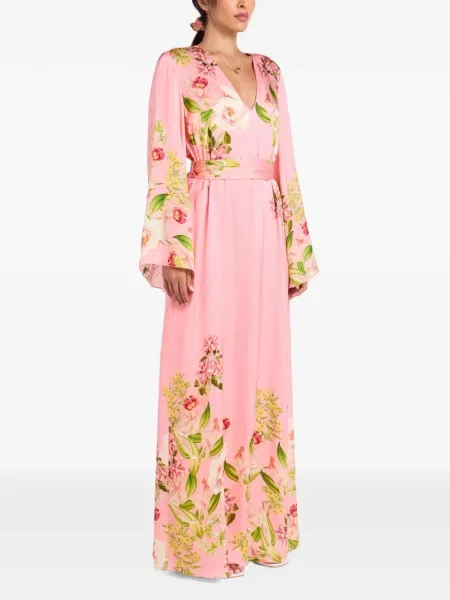 Rochie maxi Hemant And Nandita cu model floral cu imagine cu decolteu în V roz