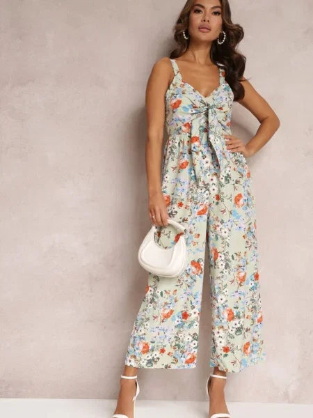 Deschis Salopetă cu Picior Larg și Legare la Decolteu Gloryhallo verde