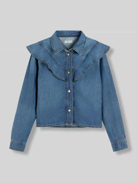 Bluzka jeansowa o kroju regular fit z czystej bawełny z falbanami Tommy Hilfiger niebieska