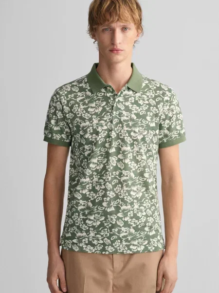 Поло Gant в цветочек с принтом зеленое