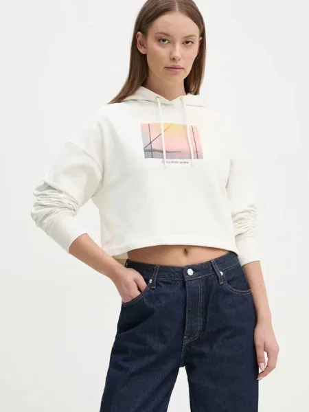 Суичър с качулка Calvin Klein Jeans с качулка с принт бежово