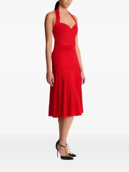Rochie Balmain tricotate plisată cu gât halter roșu