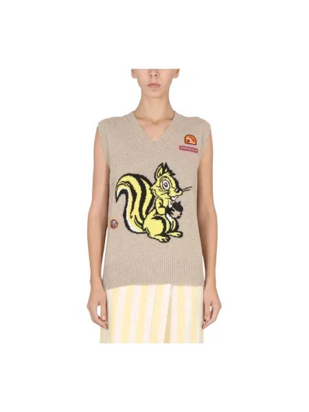 Sweter Cormio wełniany z dekoltem w serek beżowy