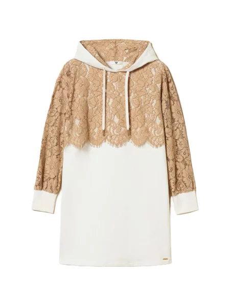 Rochie Twinset cu glugă din dantelă de costum alb