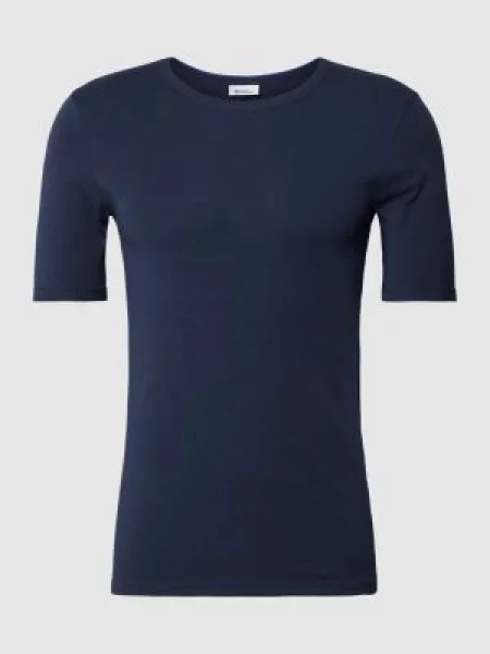 T-shirt z prążkowanym okrągłym dekoltem model ‘REVIVAL’ Schiesser granatowa