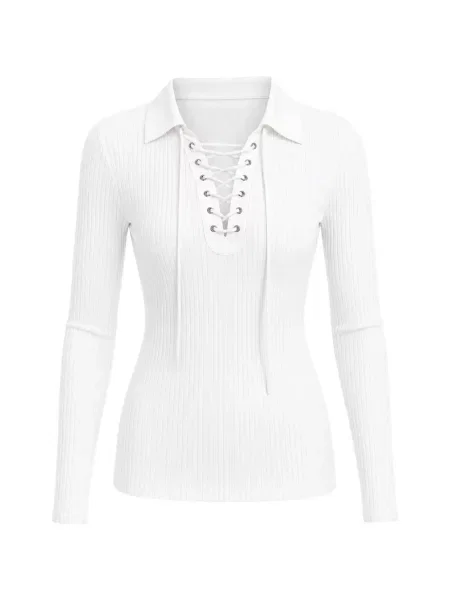 Tricou polo Cynthia Rowley cu șireturi tricotate alb