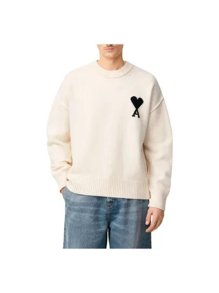 Sweter Ami Paris wełniany z logo beżowy