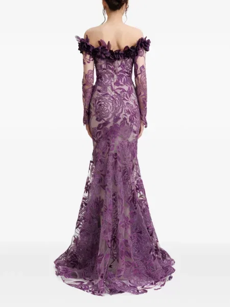 Rochie maxi Gemy Maalouf cu model floral cu umerii deschiși violet