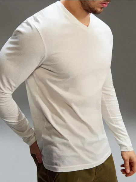 Sinsay koszulka z długim rękawem i dekoltem V kremowy