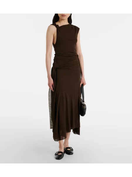 Rochie midi Ganni plasă asimetrică drapată maro