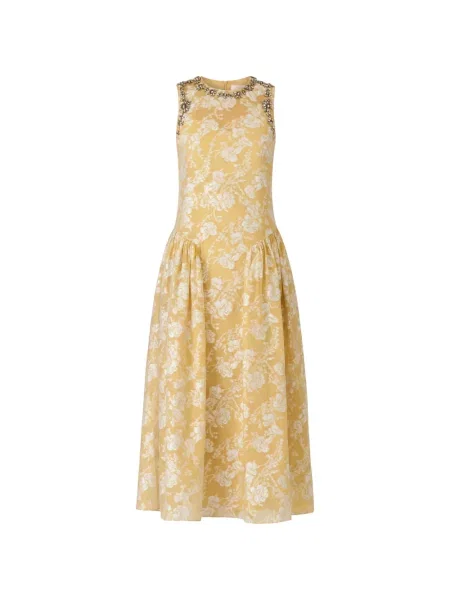 Rochie midi Cinq A Sept cu model floral din jacard galben