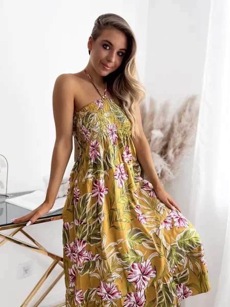 Rochie midi Resti cu model floral până la genunchi de costum galben