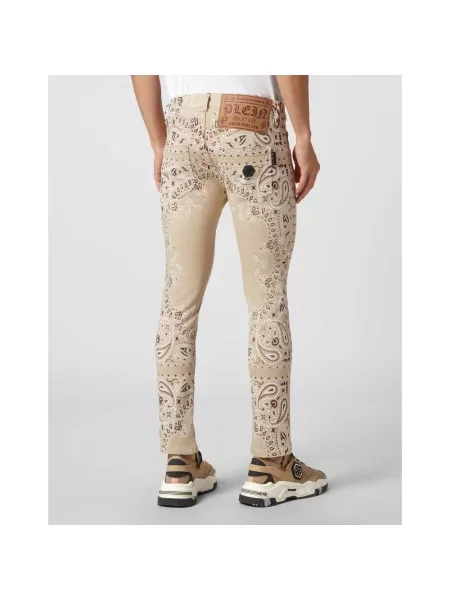 Skinny jeansy skinny Philipp Plein z wzorem paisley beżowe
