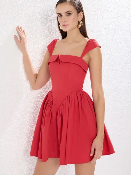 Obleka obleka Trendyol poplin a-linija rdeča