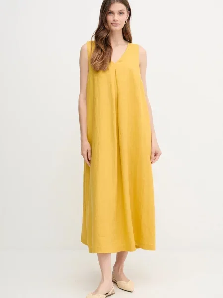 United Colors of Benetton sukienka lniana maxi rozkloszowana żółty