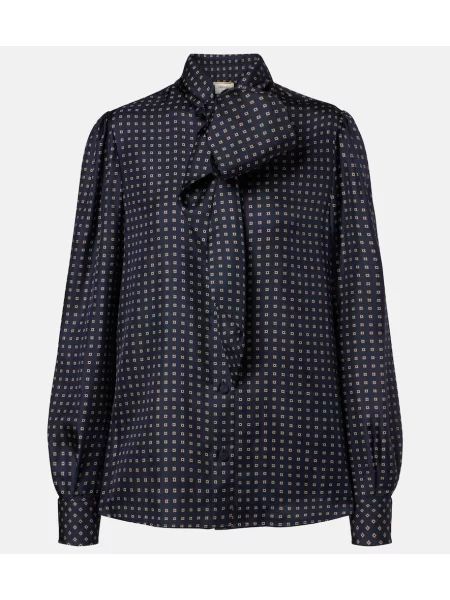 Svilen svilena bluza Saint Laurent s potiskom vezi modra