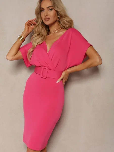 Rochie petrecere fuchsia Mennada cu decolteu triunghiular și din cu cataramă roz