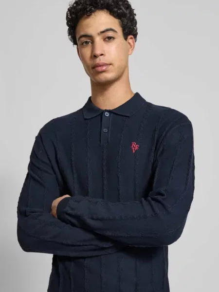Sweter z dzianiny z fakturowanym wzorem i kołnierzykiem polo Review granatowy