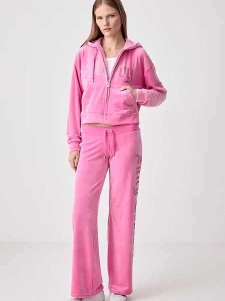 Juicy Couture rozepínací mikina s kapucí velurová OLD GOTHIC ICCLE růžová