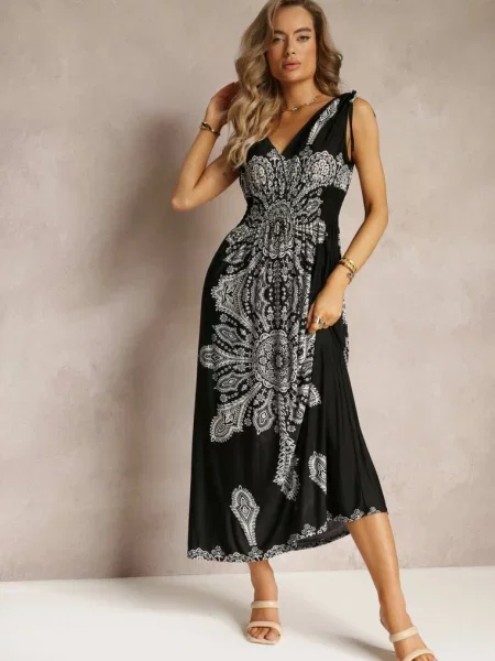 Długa Sukienka z Wzorem Boho Sznurkami na Ramionach i Gumką w Pasie Hideni czarna