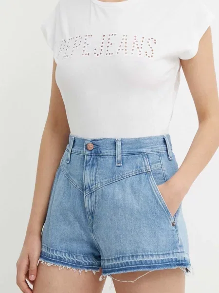 Дънков къс панталон Pepe Jeans A-LINE SHORT UHW SKY с висока талия синьо