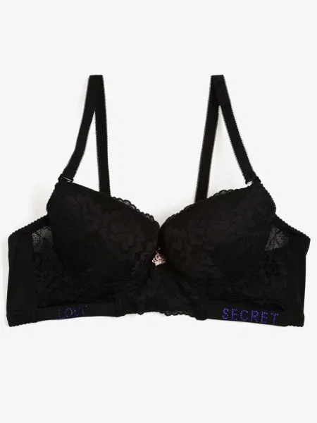 Sutien Push-Up Decorat cu Dantelă și Inscripții cu Paiete Elisei negru