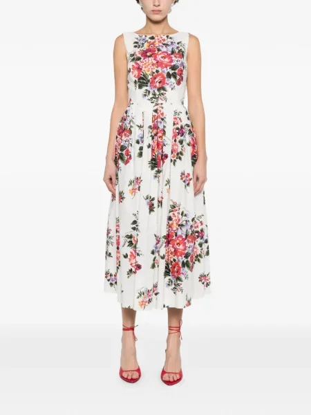 Gėlėta raštuota midi suknelė Dolce & Gabbana iki kelių balta