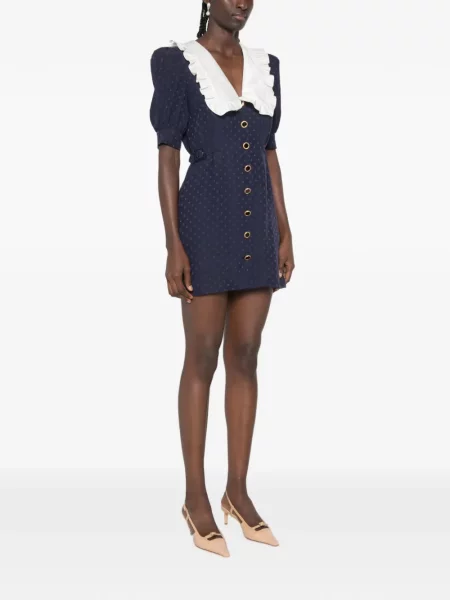 Gulerat rochie mini Alessandra Rich cu volane din jacard albastru