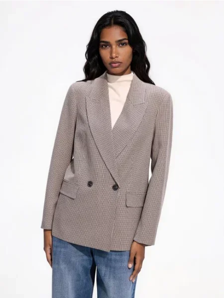 Reserved Blazer cu imprimeu picior de cocoș și rând dublu de bej