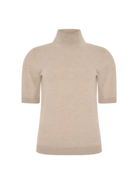 Sweter z golfem S Max Mara wełniany z krótkim rękawem beżowy