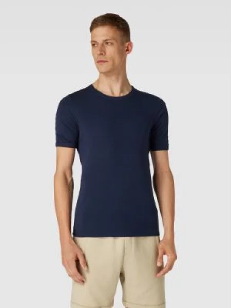 T-shirt z prążkowanym okrągłym dekoltem model ‘REVIVAL’ Schiesser granatowa
