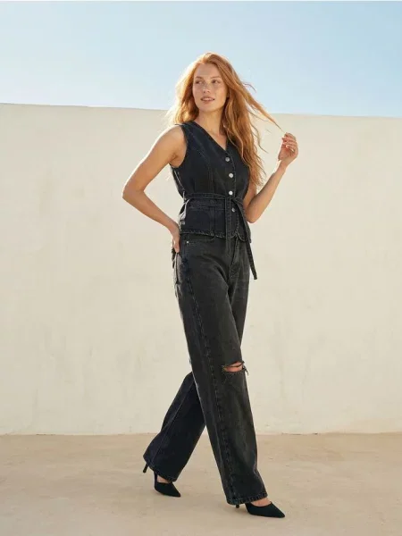 Джинси wide leg з високою посадкою та потертостями чорний