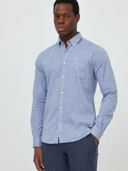 Barbour koszula lniana slim z kołnierzykiem button-down niebieski