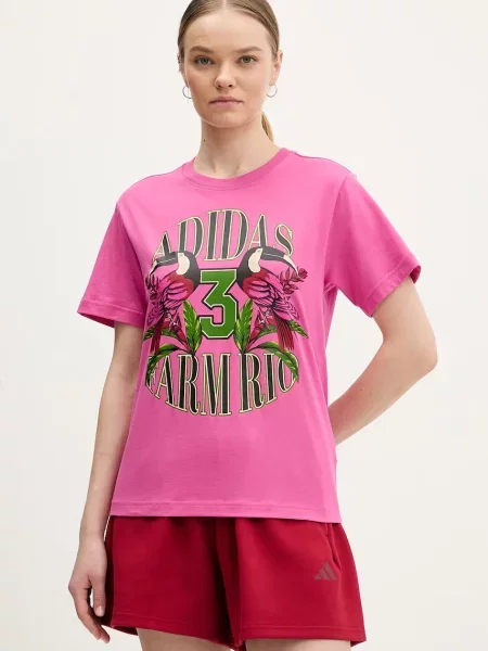 T-shirt z nadrukiem etykiety Adidas Sportswear różowa