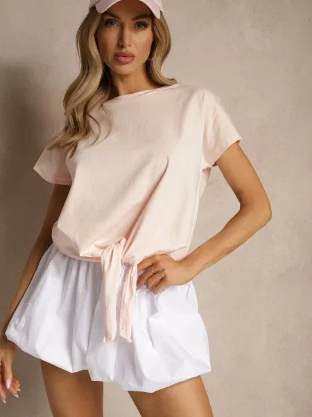 T-shirt Wiązany u Dołu Sunalina jasnoróżowy