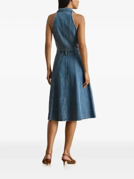 Rochie din denim Lauren Ralph Lauren fără mâneci până la genunchi de costum albastru