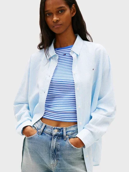 Льняная джинсовая рубашка Tommy Jeans в полоску голубая