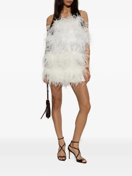 Rochie mini Oseree din satin cu pene alb