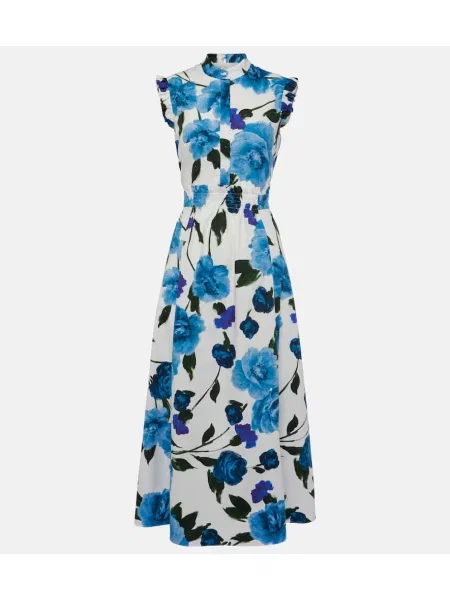 Rochie midi Erdem cu model floral până la genunchi din poplin alb