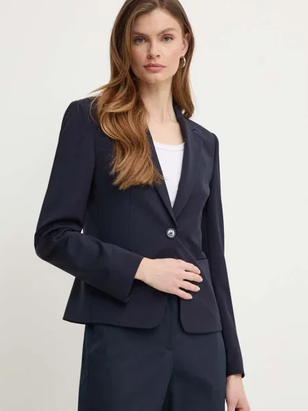 Вълнено сако BOSS с едно копче с изчистен дизайн тъмносиньо