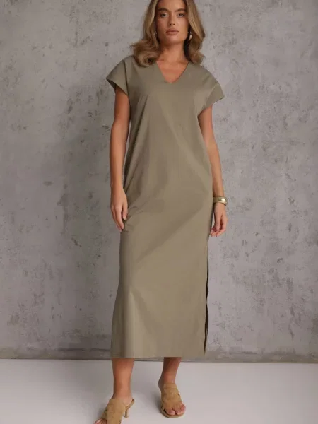 Rochie oversize din cu și decolteu în V Iphne închis bej