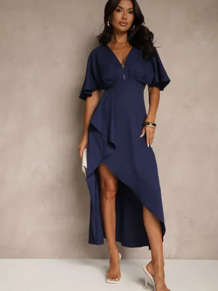 Asymetryczna Sukienka Koktajlowa Vices Ozdobiona Falbanką Nelioraia granatowa