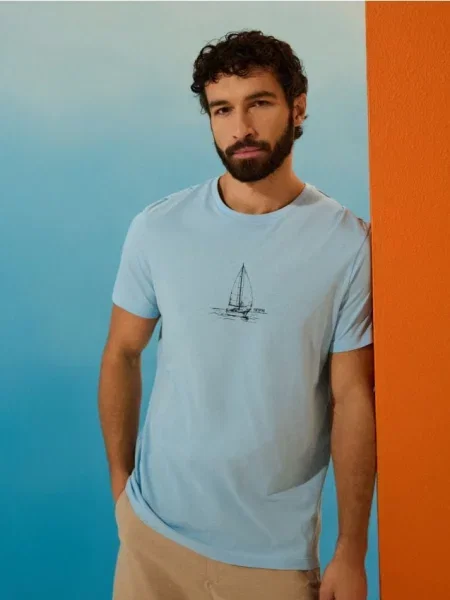 Sinsay koszulka z nadrukiem statku błękitny