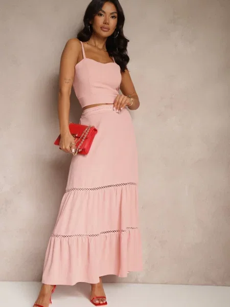 Komplet Top na Ramiączkach i Rozkloszowana Spódnica Amurra różowy