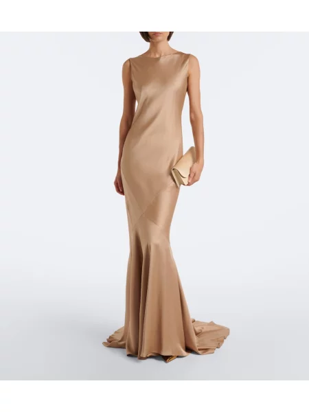 Rochie maxi Max Mara din satin cu spatele deschis bej