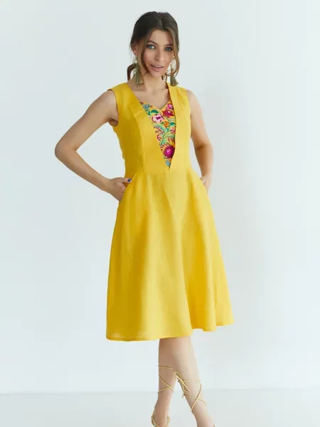 Лляна Вишита сукня Folk Moda жовтий