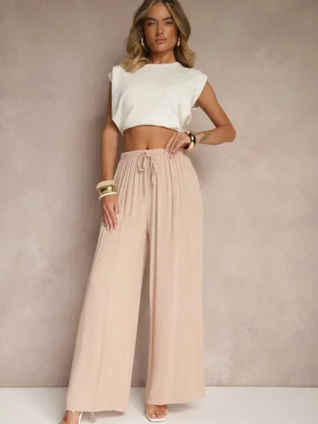 Jasnoróżowe Szerokie Spodnie High Waist z Gumką w Talii Ilnena różowe