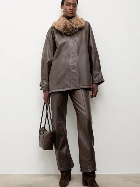 Answear.LAB kurtka skórzana przejściowa oversize brązowy